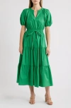 Anne Klein Tiered Puff Sleeve Midi Dress In Green Clove