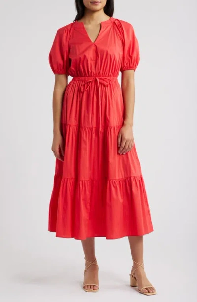 Anne Klein Tiered Puff Sleeve Midi Dress In Hibiscus Red