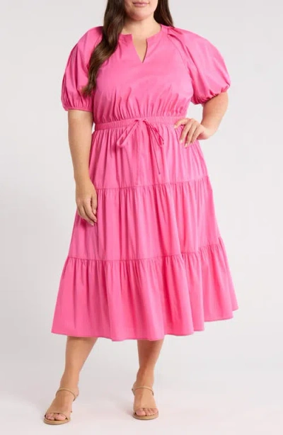 Anne Klein Tiered Puff Sleeve Midi Dress In Pink