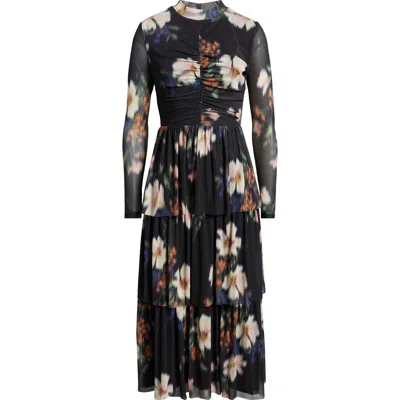 Anne Klein Tiered Ruffle Floral Print Long Sleeve Dress In Multi