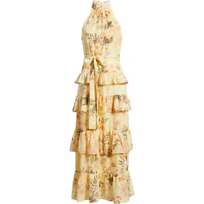 Anne Klein Tiered Ruffle Sleeveless Chiffon Maxi Dress In Yellow