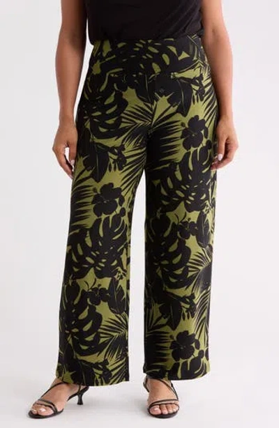 Anne Klein Tropical Print High Waist Wide Leg Palazzo Pants In Black