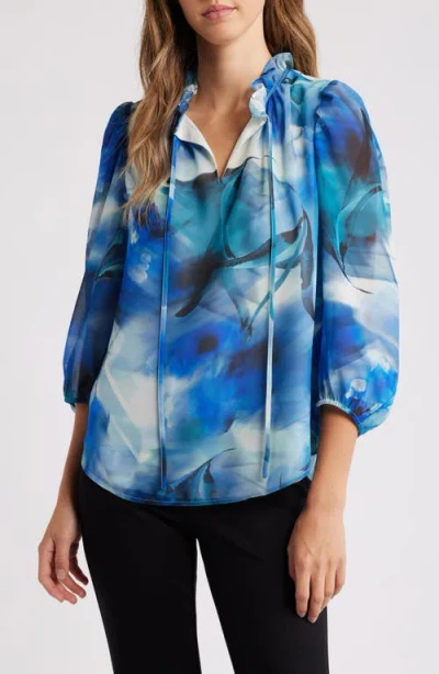Anne Klein Tulla Abstract Floral Print Popover Top In Blue