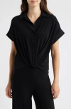 Anne Klein Womens Solid Twist Front Button Down Textured Crepe Knit Top Xxs P Xxl