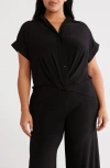 Anne Klein Womens Solid Twist Front Button Down Textured Crepe Knit Top Xxs P Xxl