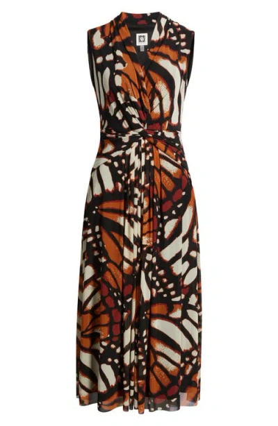 Anne Klein Twist Front Print Sleeveless Midi Dress In Black