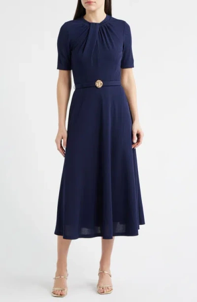 Anne Klein Twist Neck Belted Midi Dress In Blue