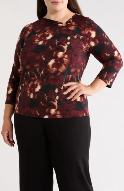 Anne Klein Twist Neck Three-quarter Sleeve Top In Brown