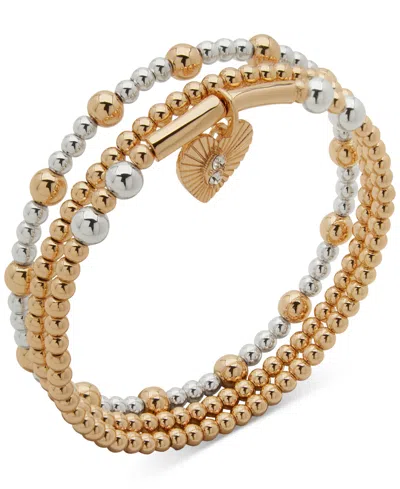 Anne Klein Two-tone 3-pc. Sphere Heart Motif Bangle Bracelet Set In Silver