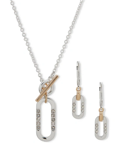 Anne Klein Two-tone Crystal Link Toggle Pendant Necklace & Drop Earrings Set In Gold