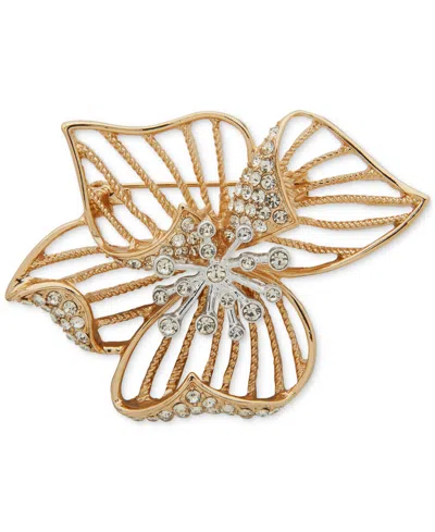 Anne Klein Two-tone Crystal Multi-folded Flower Pin In Crystal,silver