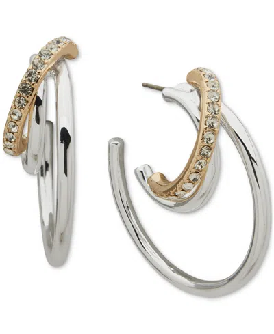 Anne Klein Two-tone Crystal Multi Row Medium C Hoop Earrings, 1.6" In Ttone