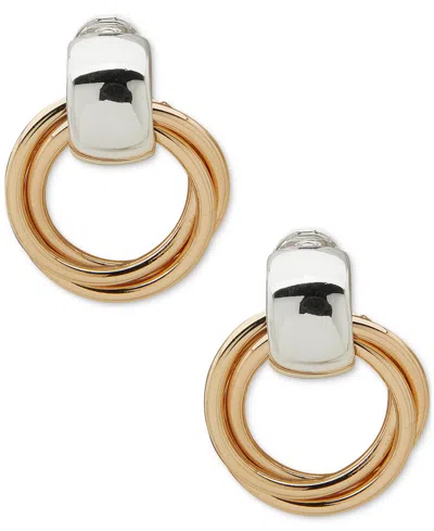 Anne Klein Two-tone Doorknocker Clip-on Drop Earrings In Gold