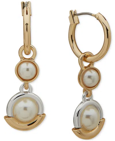 Anne Klein Two-tone Double Imitation Pearl Charm Hoop Earrings In Gold