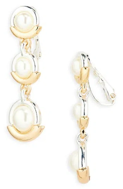 Anne Klein Two-tone Faux Pearl Drop Clip-on Earrings In Gold