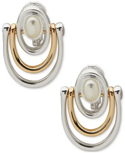 Anne Klein Two-tone Imitation Pearl Multi-row Clip-on Drop Earrings In Crystal