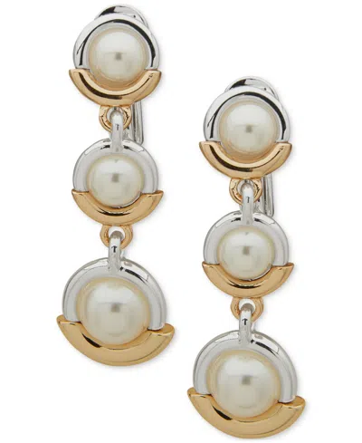 Anne Klein Two-tone Imitation Pearl Ring Clip-on Triple Drop Earrings In Gold