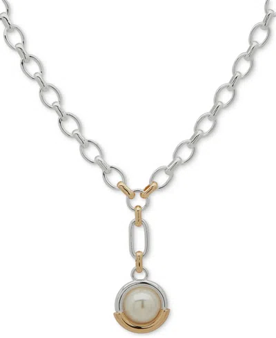 Anne Klein Two-tone Imitation Pearl Ring Lariat Necklace, 18" + 3" Extender In Metallic