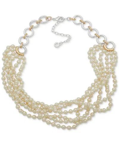 Anne Klein Two-tone Imitation Pearl Ring Layered Statement Necklace, 16" + 3" Extender In Neutral