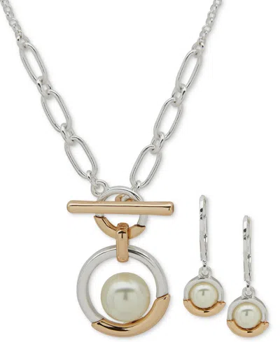 Anne Klein Two-tone Imitation Pearl Ring Pendant Necklace & Drop Earrings Set In Gold