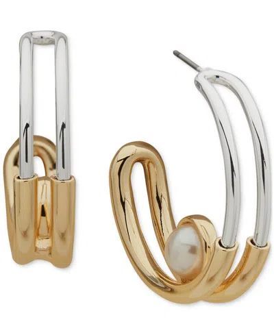 Anne Klein Two-tone Medium Imitation Pearl Double-row C-hoop Earrings, 1.1" In Gold