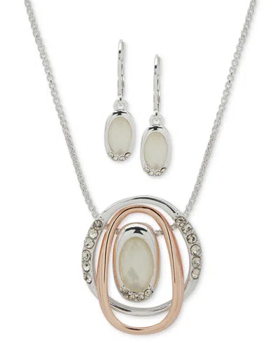 Anne Klein Two-tone Pave & Stone Orbital Pendant Necklace & Drop Earrings Set In Metallic