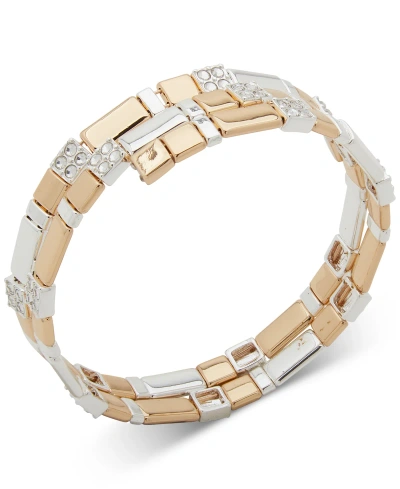 Anne Klein Two-tone Pave Square Beaded Stretch Coil Bracelet In Crystal