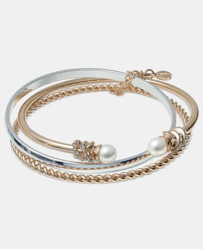 Anne Klein Two-tone Boxed 3-pc. Metal Imitation Pearl Bangle Bracelet Set In Gold