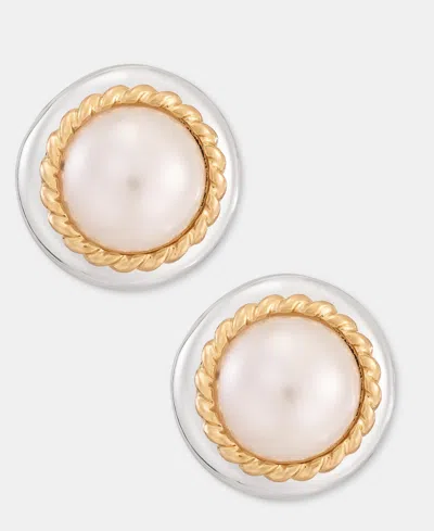 Anne Klein Two-tone Roping Imitation Pearl Drama Stud Earrings In Gold