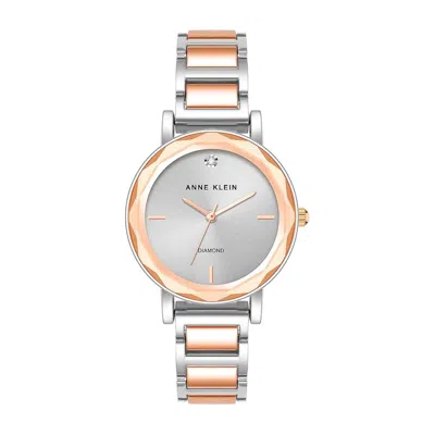 Anne Klein Two-tone Silver And Rose Gold Facetted Crystal Diamond Accent Ladies Watch