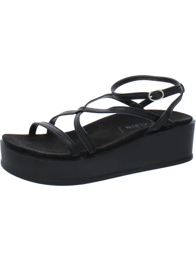Anne Klein Verano Womens Faux Leather Ankle Strap Wedge Sandals In Black