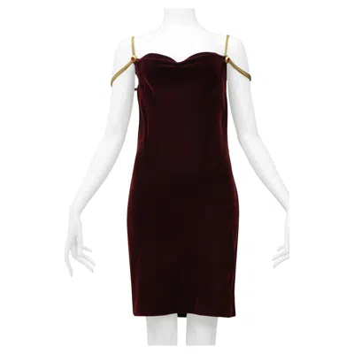 Pre-owned Anne Klein Vintage  Burgundy Velvet Dress With Gold Chains & Gemstones In Red