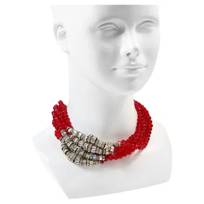 Pre-owned Anne Klein Vintage  Couture Red Beaded Necklace With Diamante, 1980s