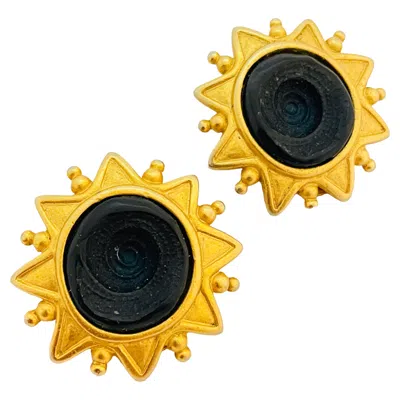 Pre-owned Anne Klein Vintage  Gold Blue Glass Designer Runway Clip On Earrings