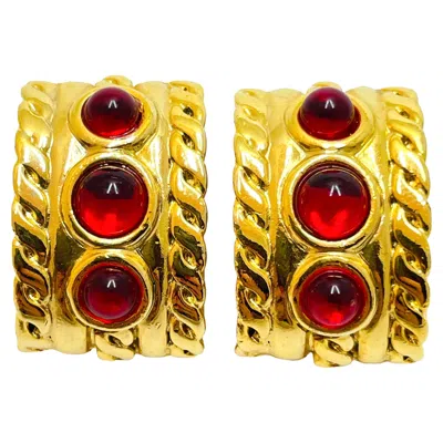 Pre-owned Anne Klein Vintage  Gold Red Glass Clip On Earrings