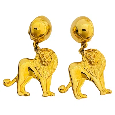 Pre-owned Anne Klein Vintage  Gold Tone Dangle Lions Designer Clip On Earrings In Multi