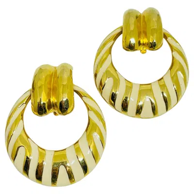 Pre-owned Anne Klein Vintage  Gold Tone Enamel Door Knocker Designer Clip On Earrings In Multi
