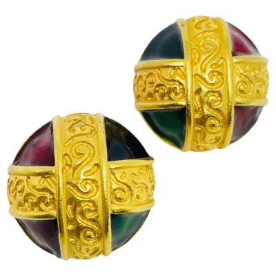 Pre-owned Anne Klein Vintage  Gold Tone Enamel Etruscan Cross Designer Pierced Earrings In Multiple