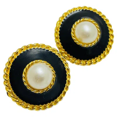 Pre-owned Anne Klein Vintage  Gold Tone Pearl Enamel Designer Clip On Earrings In Multi