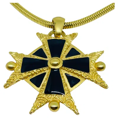 Pre-owned Anne Klein Vintage  Signed Gold Enamel Massive Maltese Cross Designer Necklace In Multi