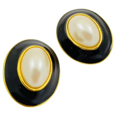 Pre-owned Anne Klein Vintage N Gold Enamel Pearl Runway Designer Clip On Earrings In Multi