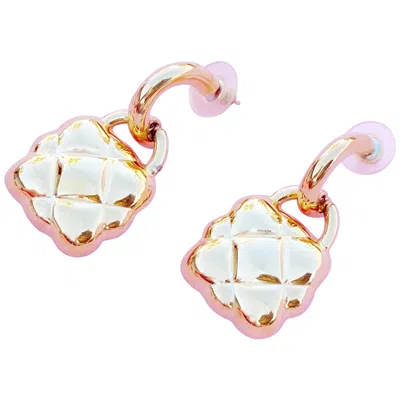 Pre-owned Anne Klein Vintage Gilded Quilted Handbag Figural Drop Earrings By , 1980s In Sand