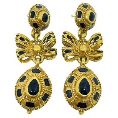Pre-owned Anne Klein Vintage Gold Tone Enamel Bow Designer Dangle Earrings In Multi