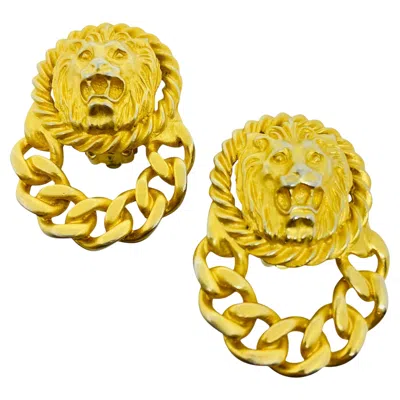Pre-owned Anne Klein Vintage Gold Tone Lions Head Door Knocker Designer Clip On Earrings In Multi