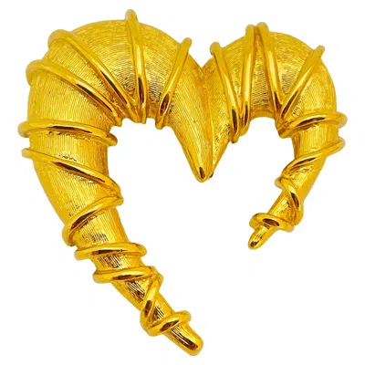 Pre-owned Anne Klein Vintage Matte Gold Heart Designer Runway Brooch In Multi