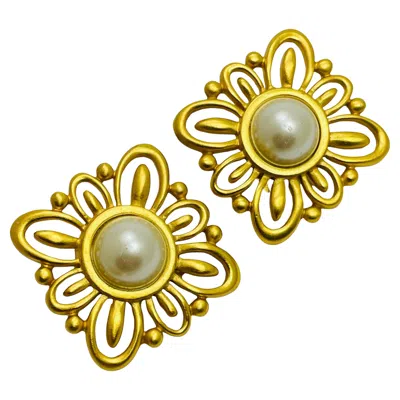 Pre-owned Anne Klein Vintage Matte Gold Pearl Huge Designer Runway Clip On Earrings In Multi