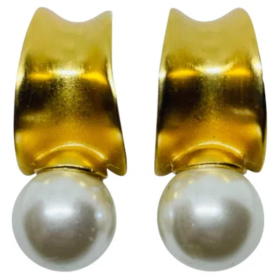 Pre-owned Anne Klein Vintage Matte Gold Tone Faux Pearl Designer Clip On Earrings In Multi