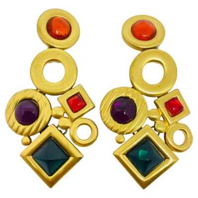 Pre-owned Anne Klein Vintage Matte Gold Tone Red Green Glass Designer 80s Clip On Earring