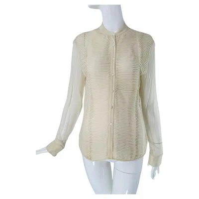 Pre-owned Anne Klein Vintage Sheer Champagne Silk Chiffon Blouse With A Pleated Bodice In Gray