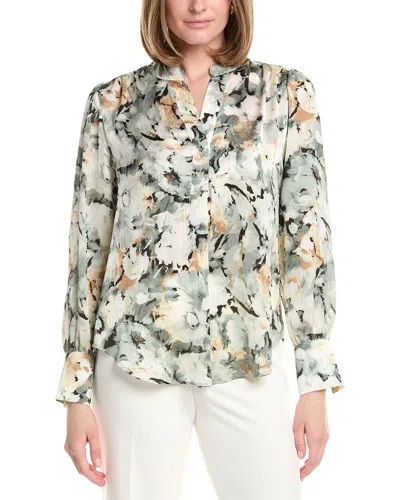 Anne Klein V-neck Satin Pleat Front Blouse In Green